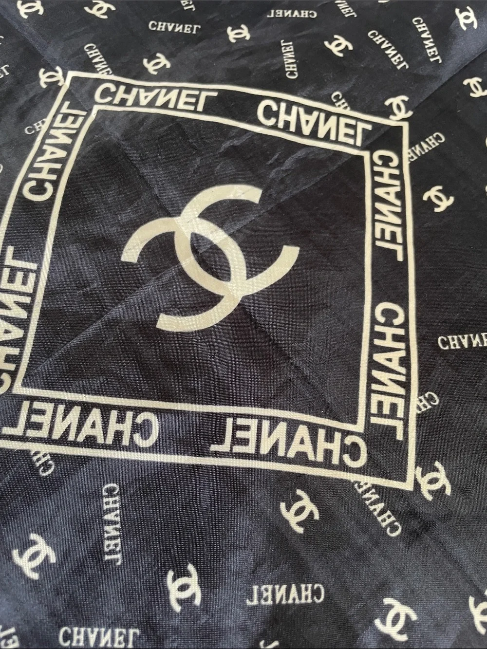 CHANEL Black and Cream Signature Silk Square Scarf